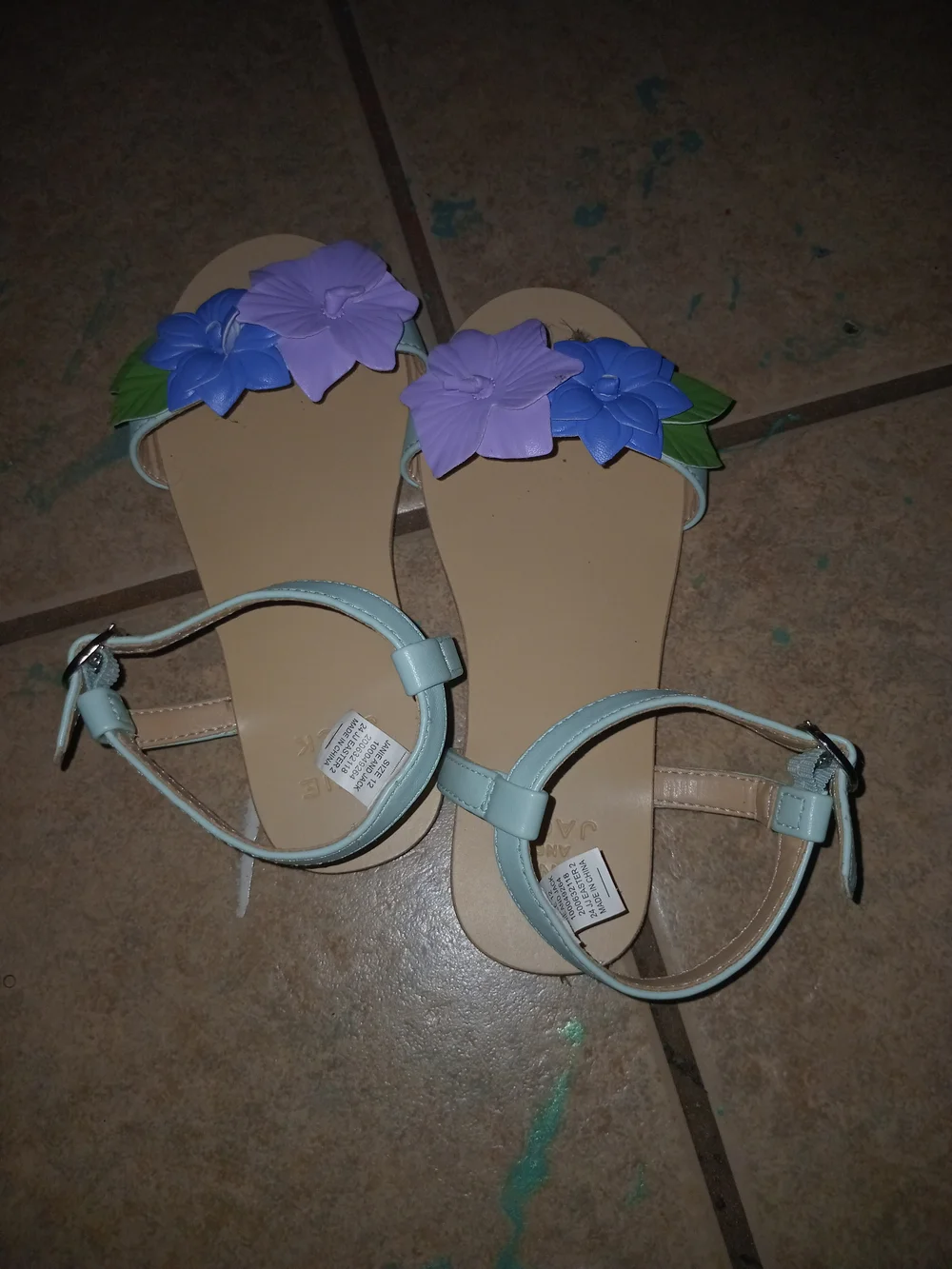 Janie and Jack Mint Girls' Sandals with Purple & Blue Flower Appliqués